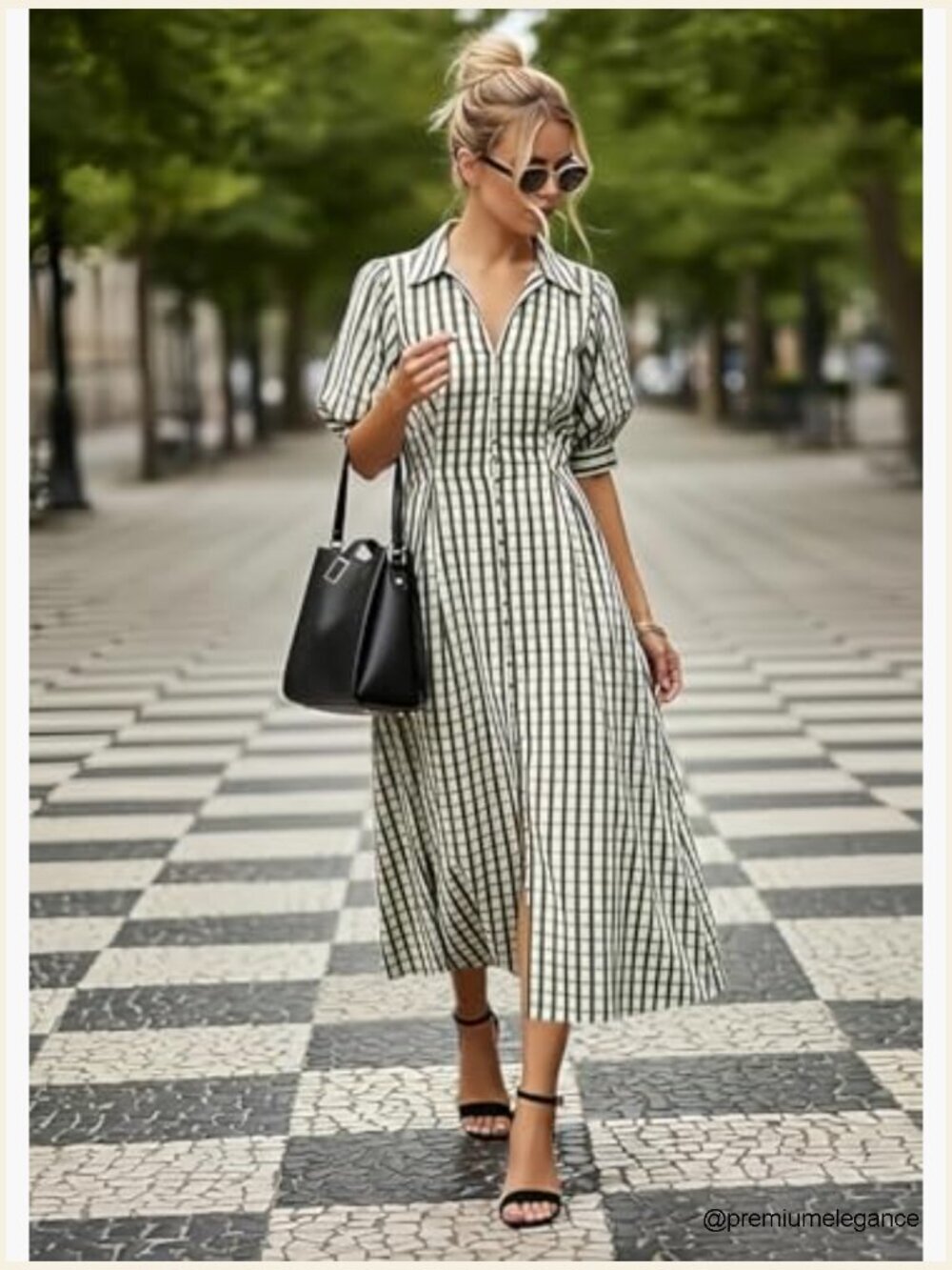 Gingham Midi Dress with Puff Sleeves and Pockets - Picture 2 of 6